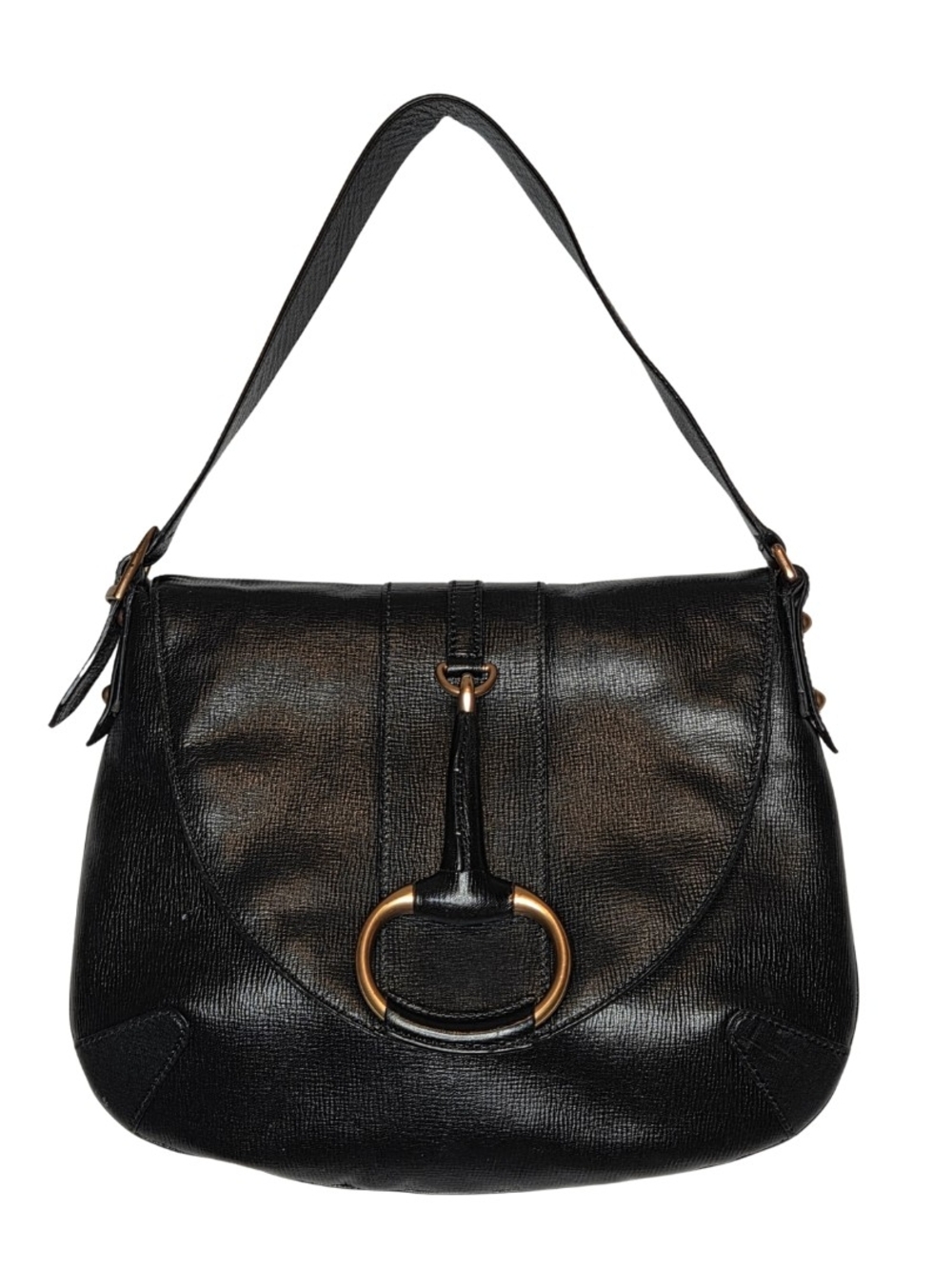 Gucci Vintage Black Leather Horsebit Shoulder Bag Gold Hardware